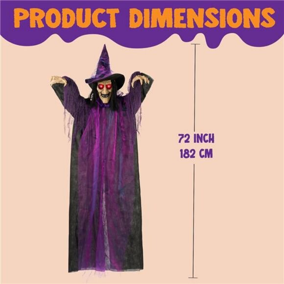 72” Hanging Witch Halloween Decor Outdoor Decor, Animated Talking Flying Witch - Picture 2 of 8